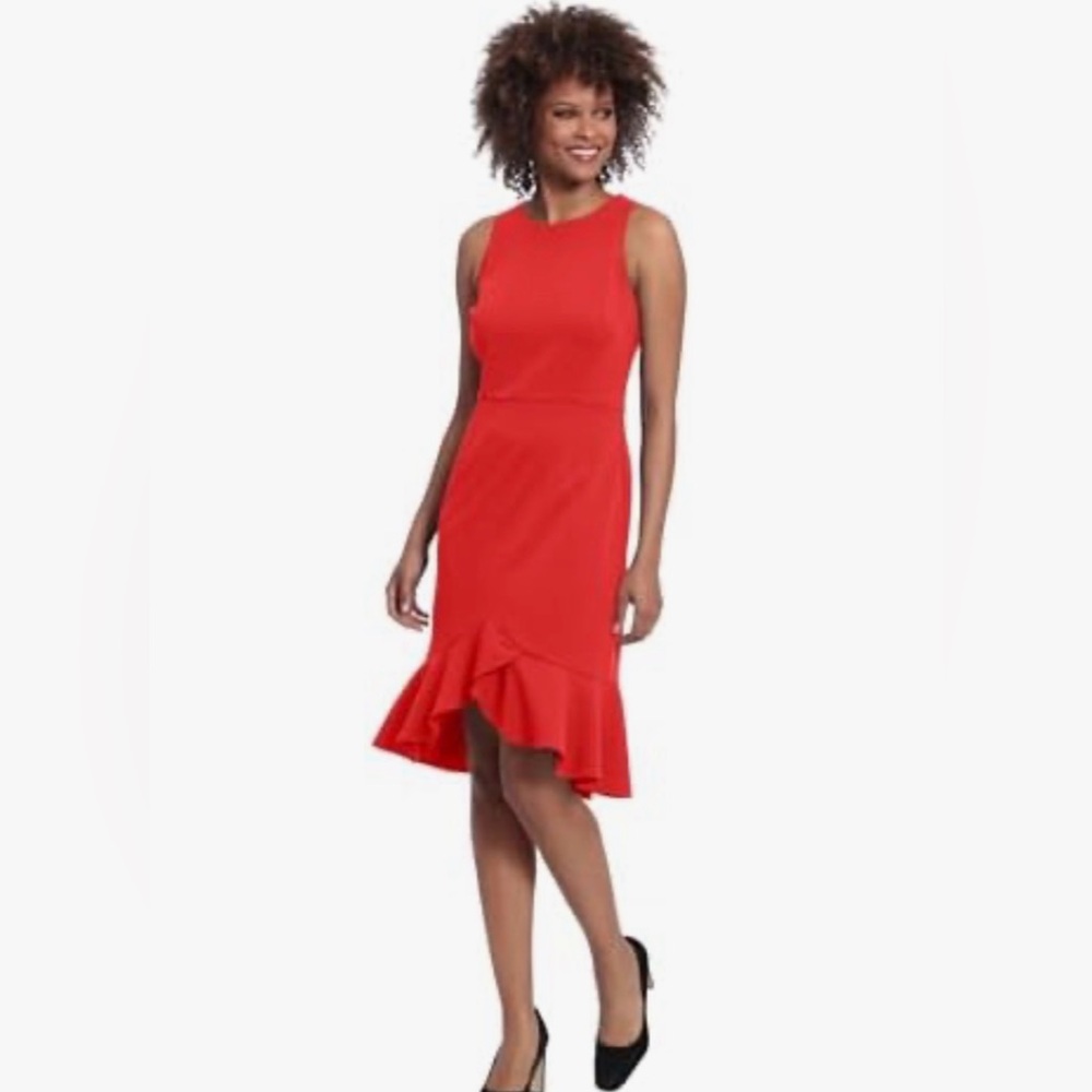 London Times Red Crew Neck Flounce Hem Midi Dress- Size 4